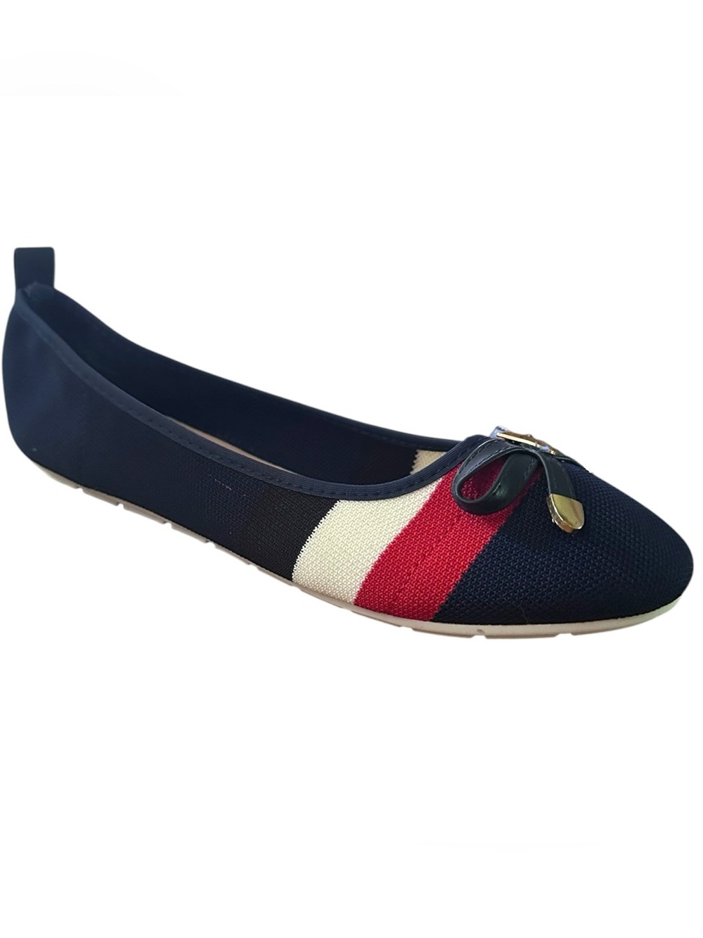 Victoria K knit ballerina flat, nautical, preppy blue, white, & red stripes.